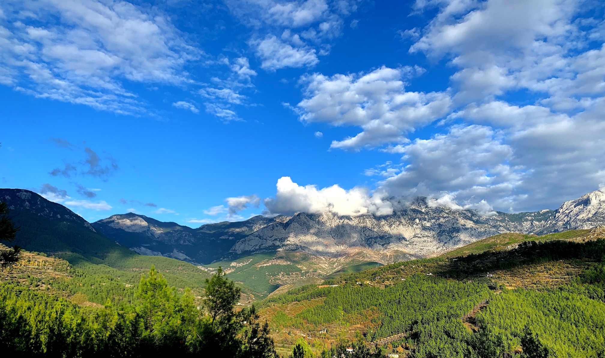 A landscape of flying clouds over hills in Alanya, Southern Turkey